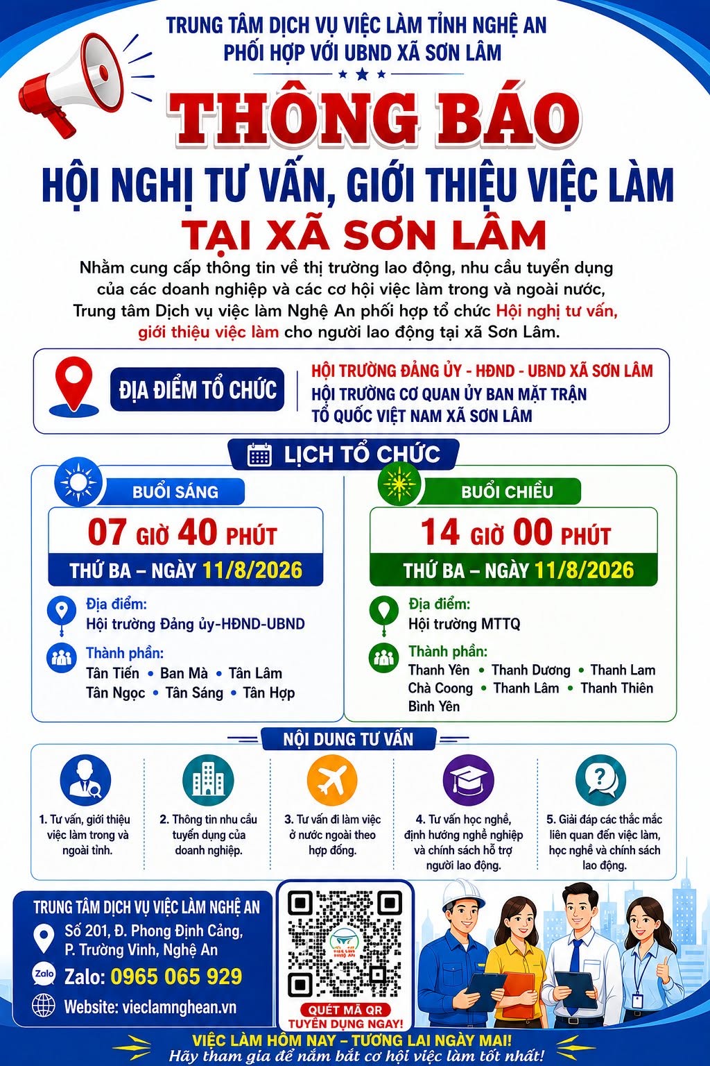 THÔNG BÁO TỔ CHỨC HỘI NGHỊ TƯ VẤN, GIỚI THIỆU VIỆC LÀM CHO NGƯỜI LAO ĐỘNG TẠI XÃ SƠN LÂM